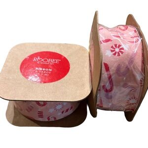 2!!!! ROOBEE NWT grosgrain candy print Chrismtas ribbon -pink -16 yards total
